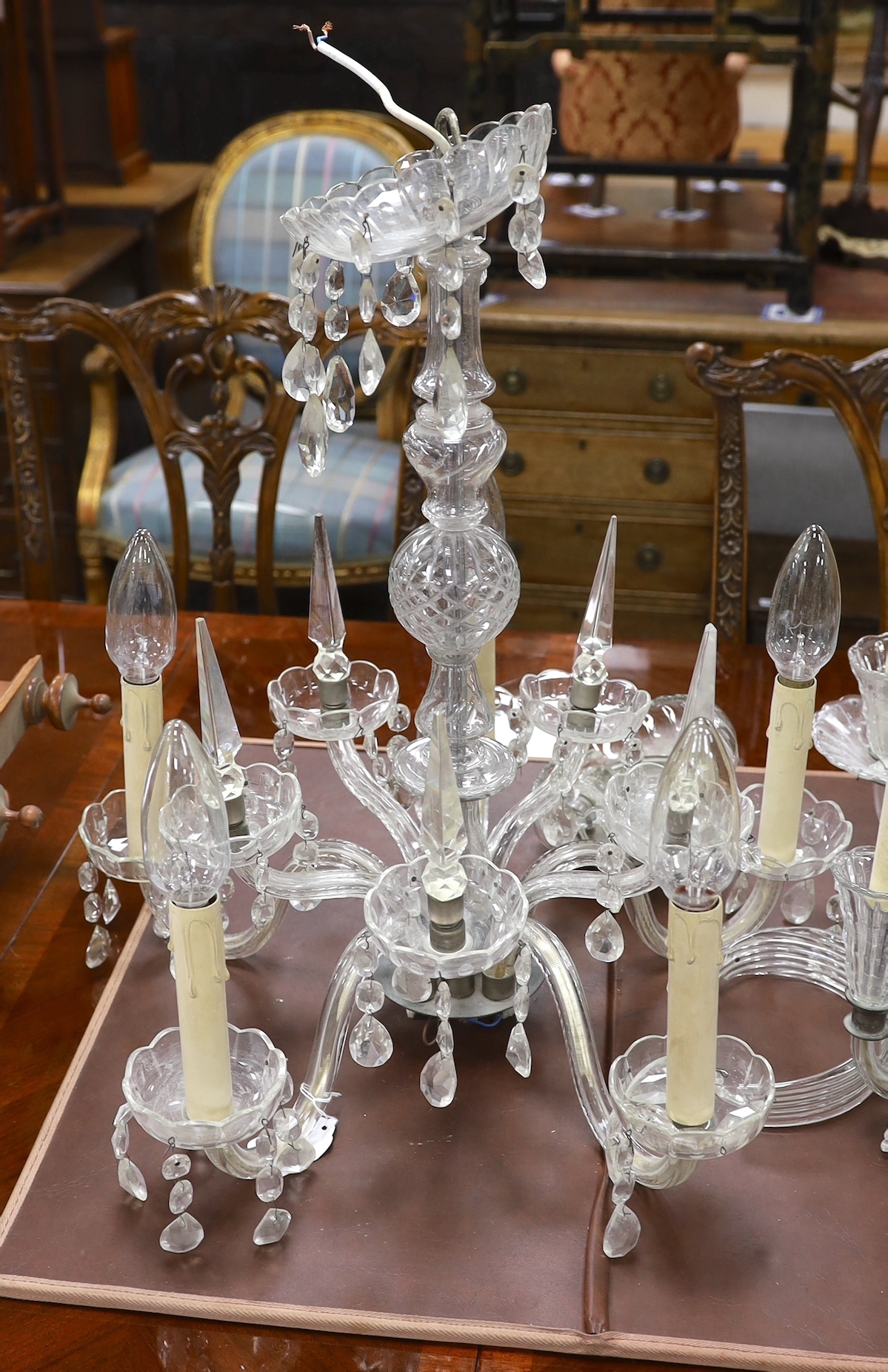 A large five branch glass chandelier